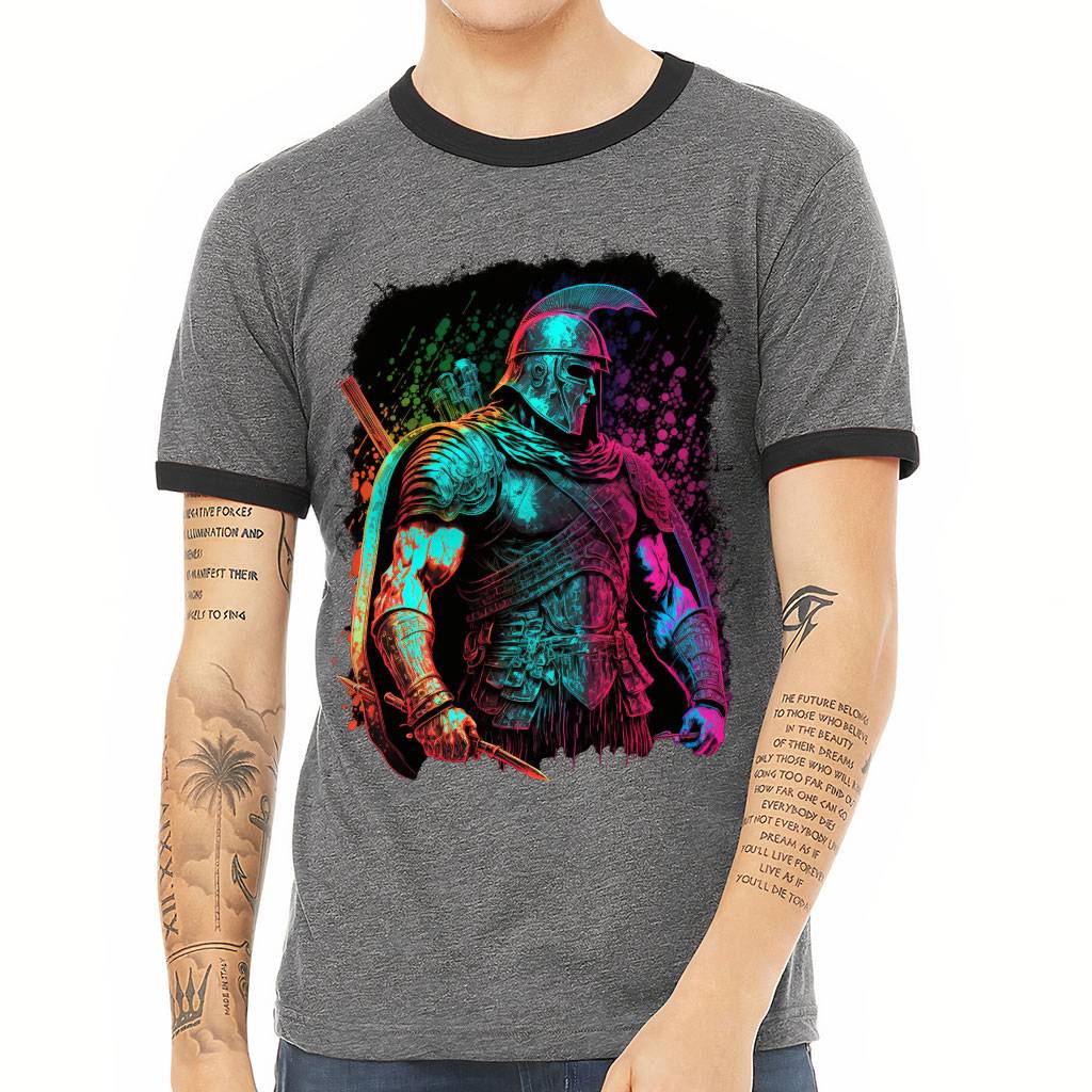Colorful Ringer T-Shirt - Strong Roman Man T-Shirt - Art Ringer Tee Color : Deep Heather Black|White Black 