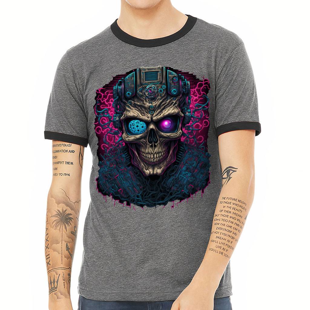 Cool Skull Ringer T-Shirt - Skeleton Art T-Shirt - Fantasy Art Ringer Tee Color : Deep Heather Black|White Black 