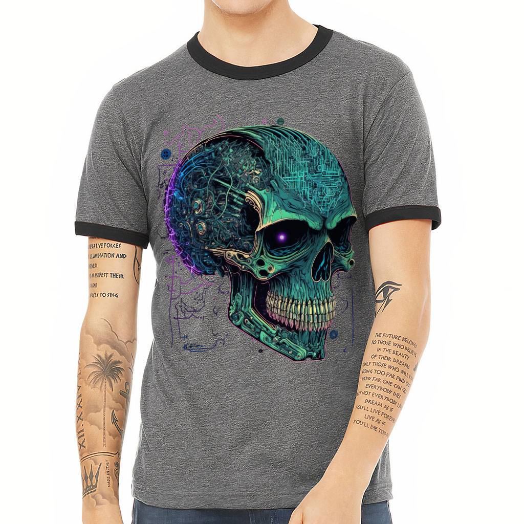 Green Skull Ringer T-Shirt - Fantastic Graphic T-Shirt - Graphic Ringer Tee Color : Deep Heather Black|White Black 