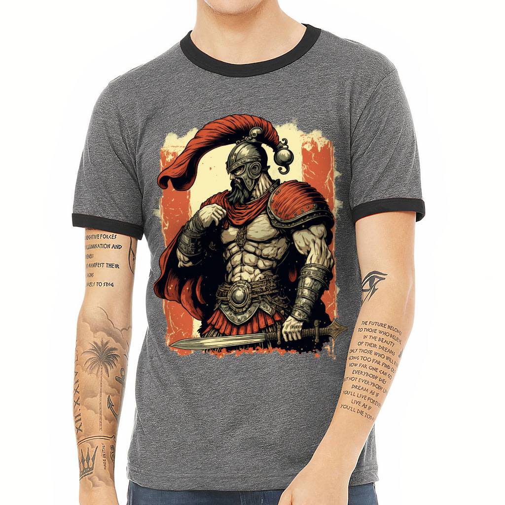 Muscular Man Ringer T-Shirt - Printed T-Shirt - Themed Ringer Tee Color : Deep Heather Black|White Black 