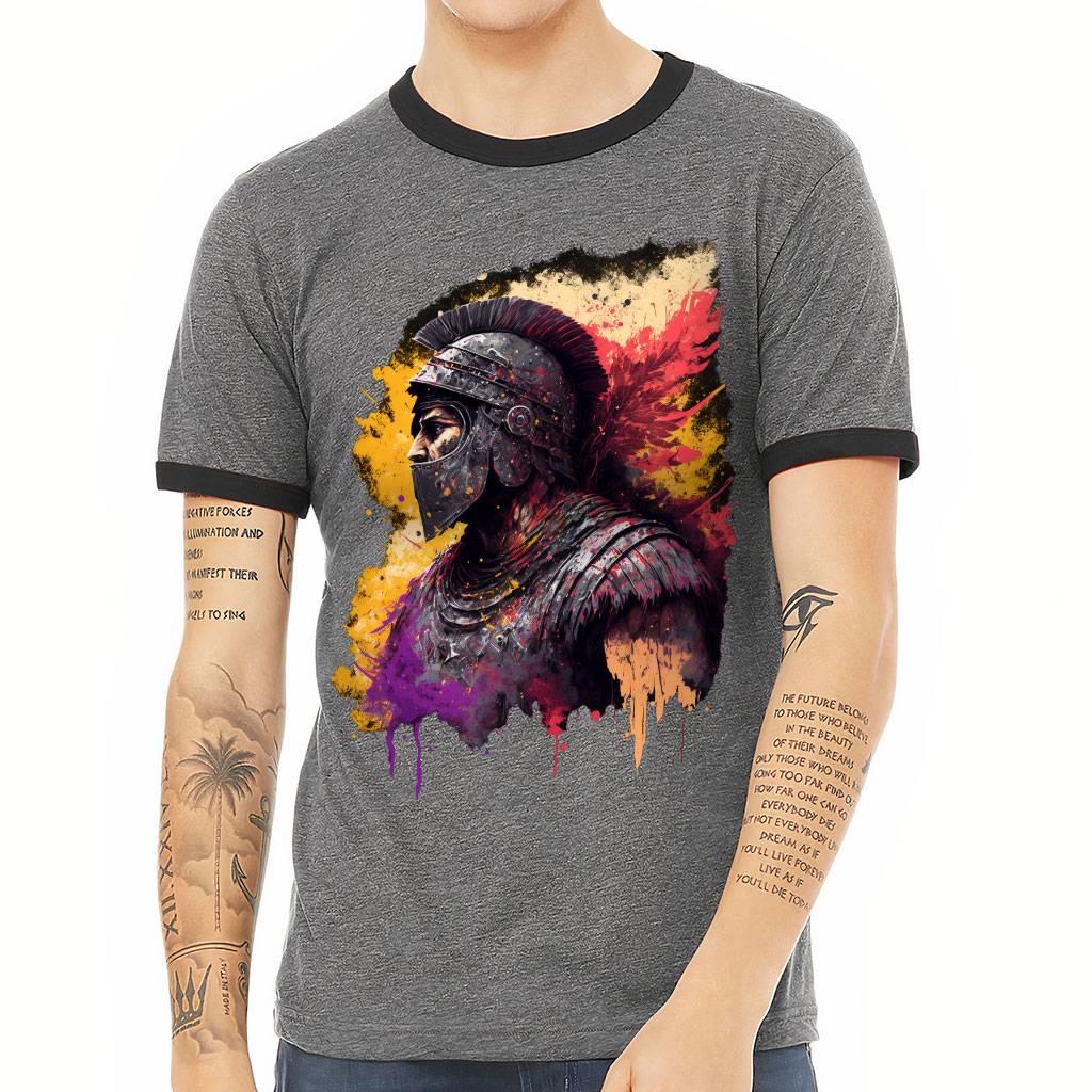 Paint Ringer T-Shirt - Roman Fighter T-Shirt - Graphic Ringer Tee Color : Deep Heather Black|White Black 