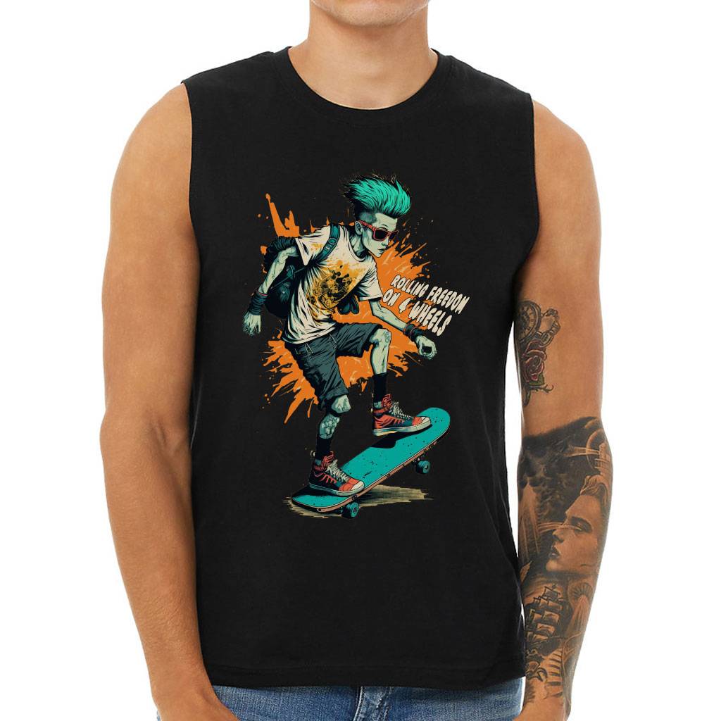 Rolling Freedom Men's Muscle Tank - Skater Print Men's Sleeveless T-Shirt - Skating Print Tank Color : Black|Dark Gray Heather|White 