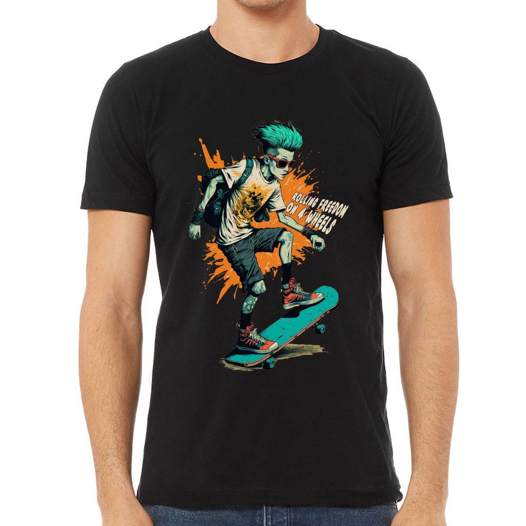 Rolling Freedom Short Sleeve T-Shirt - Skater Print T-Shirt - Skating Print Short Sleeve Tee Color : Black|Sage|Tan|White 