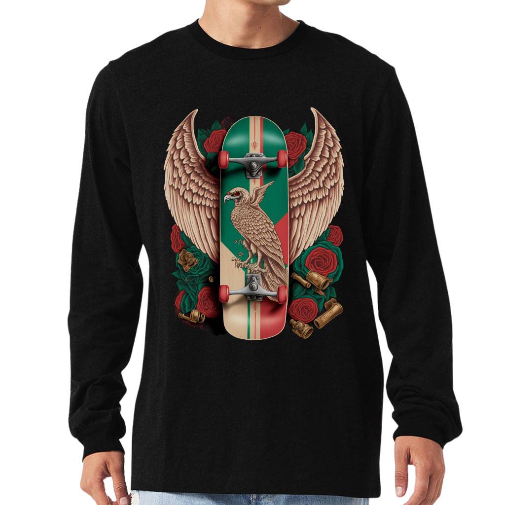 Skateboard Long Sleeve T-Shirt - Bird Print T-Shirt - Skate Art Long Sleeve Tee Color : Black|Soft Cream|Storm|White 
