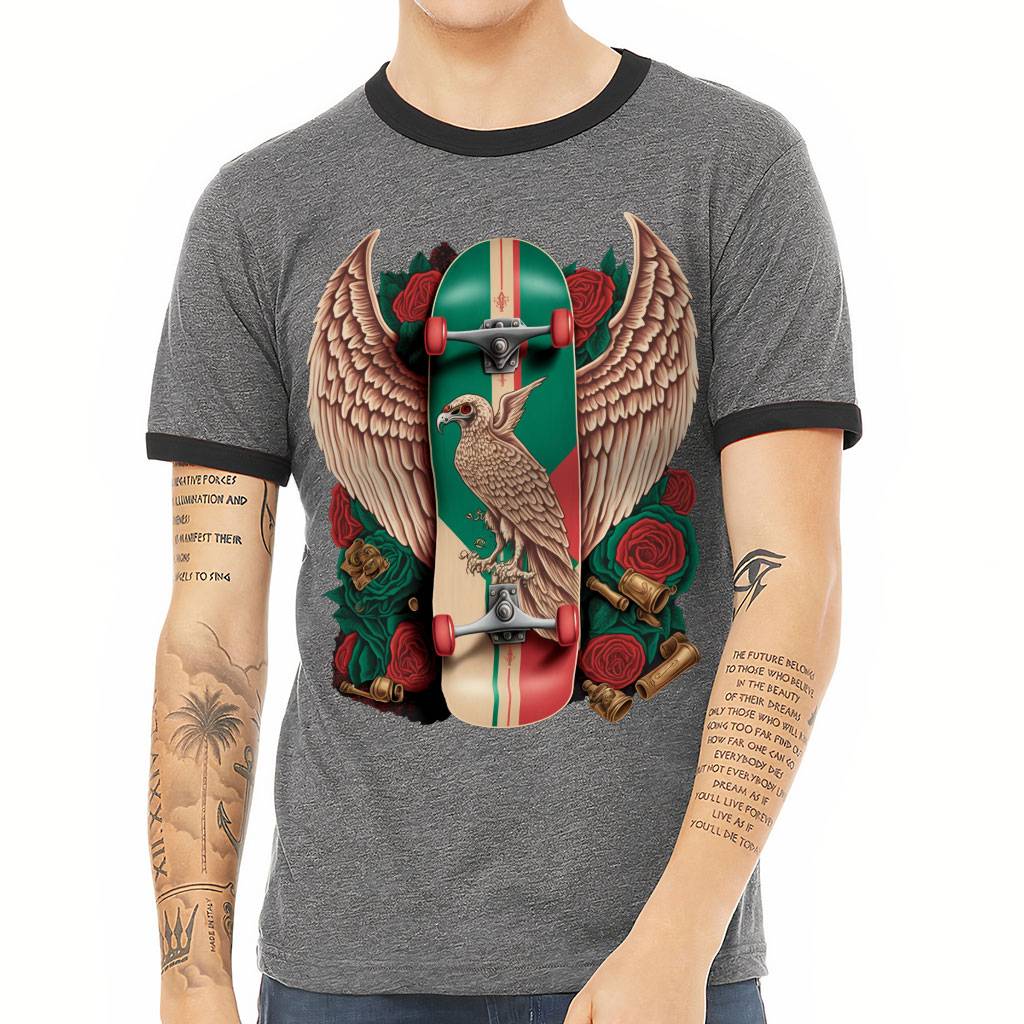 Skateboard Ringer T-Shirt - Bird Print T-Shirt - Skate Art Ringer Tee Color : Deep Heather Black|White Black 