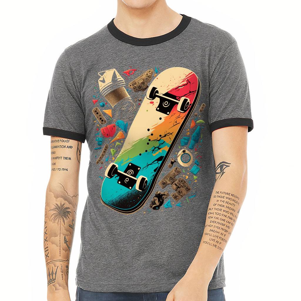 Skateboarding Ringer T-Shirt - Unique T-Shirt - Colorful Ringer Tee Color : Deep Heather Black|White Black 