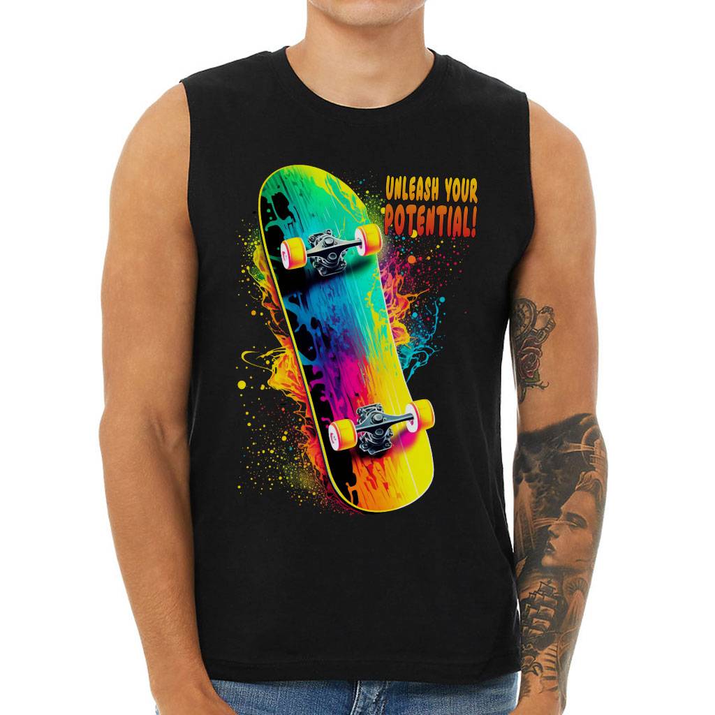 Unleash Your Potential Men's Muscle Tank - Skateboard Men's Sleeveless T-Shirt - Themed Tank Color : Black|Dark Gray Heather|White 