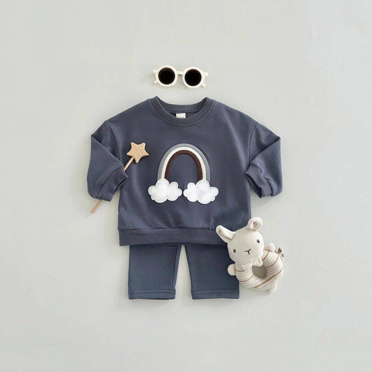 Colorful Handmade Rainbow Outfit Set for Babies & Toddlers - Perfect for All Seasons Color: Navy Blue Kid Size: 9-12M|12-18M|18-24M|2-3Y|4Y 