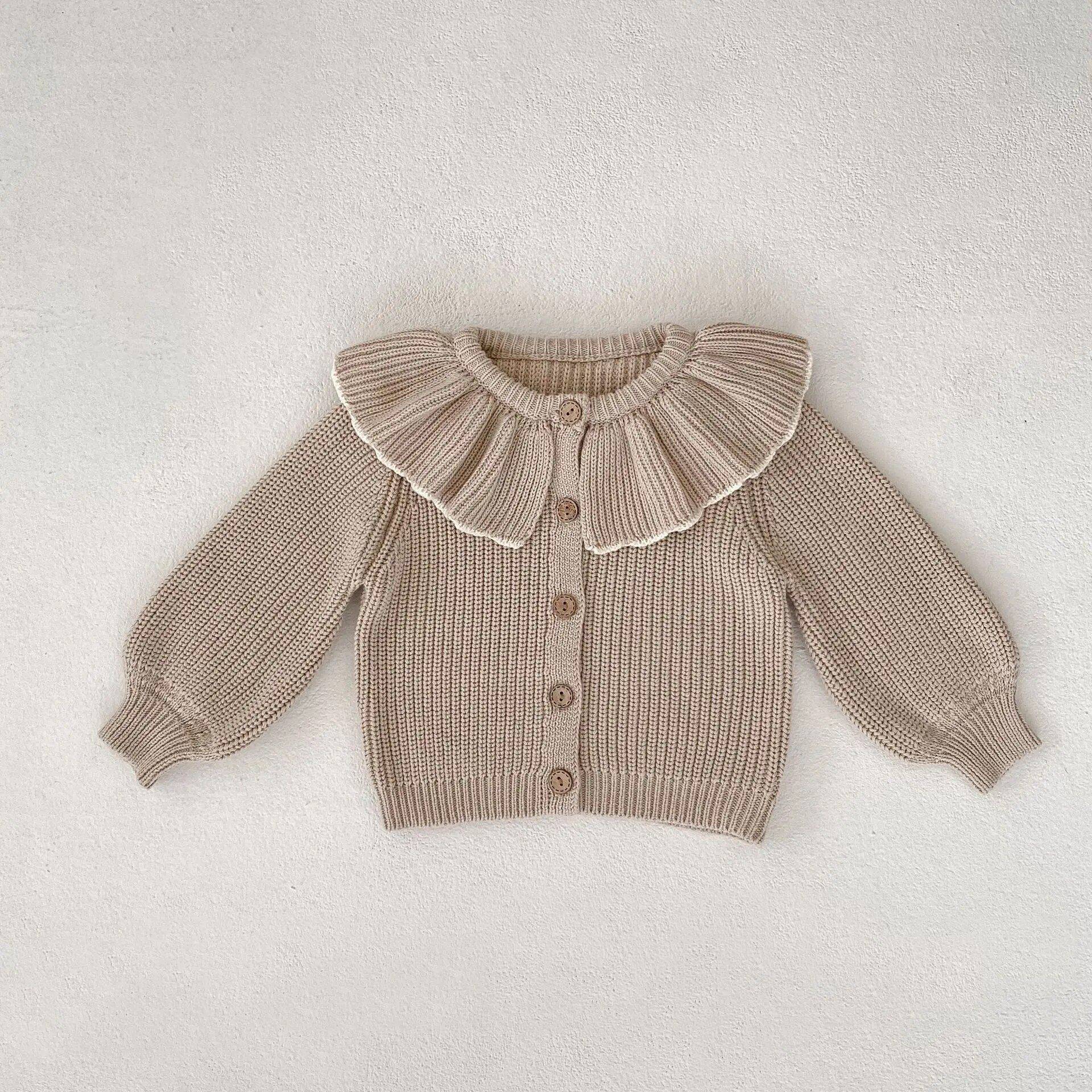 Cozy Chic Autumn Knit Cardigan for Baby Girls with Lotus Collar and Ruffled Hem Color: Light Camel Color Kid Size: 66cm (0-3M)|73cm (3-6M)|80cm (6-12M)|90cm (12-24M)|100cm (2-3Y) 