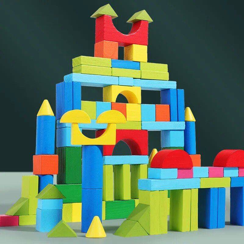 Eco-Friendly Wooden Building Blocks Set (100 Pieces) with Storage Box Pieces: 100 building blocks 