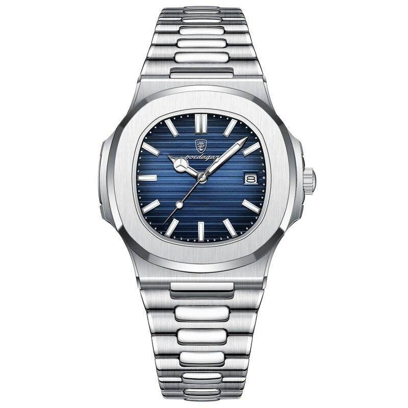 Elite Square Dial Stainless Steel Men's Watch with Luminous Hands & Calendar Fashion Accessories Color : Silver Blue|Silver Black|Silver Green|Silver White 