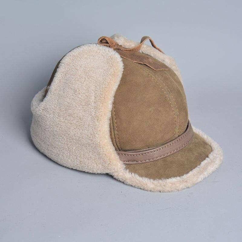 Men's Premium Winter Leather Hat with Wool & Fur - Warm Earflap Bomber Cap Fashion Accessories Color : Light brown|Black|Beige yellow|Dark blue|Dark brown 