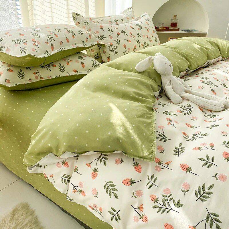 Charming Flower Pattern Bedding Set Color: Green Size: Double (4pcs 150x200)|Queen (4pcs 180x220)|King (4pcs 200x230)|S-King (4pcs 220x240) 