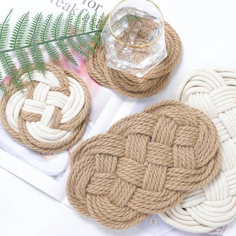 Handmade Woven Cotton & Jute Table Mat Set - Elegant Kitchen Decor Design : White-S|White-L|Brown-S|Brown-L|Mix-S|Mix-L 