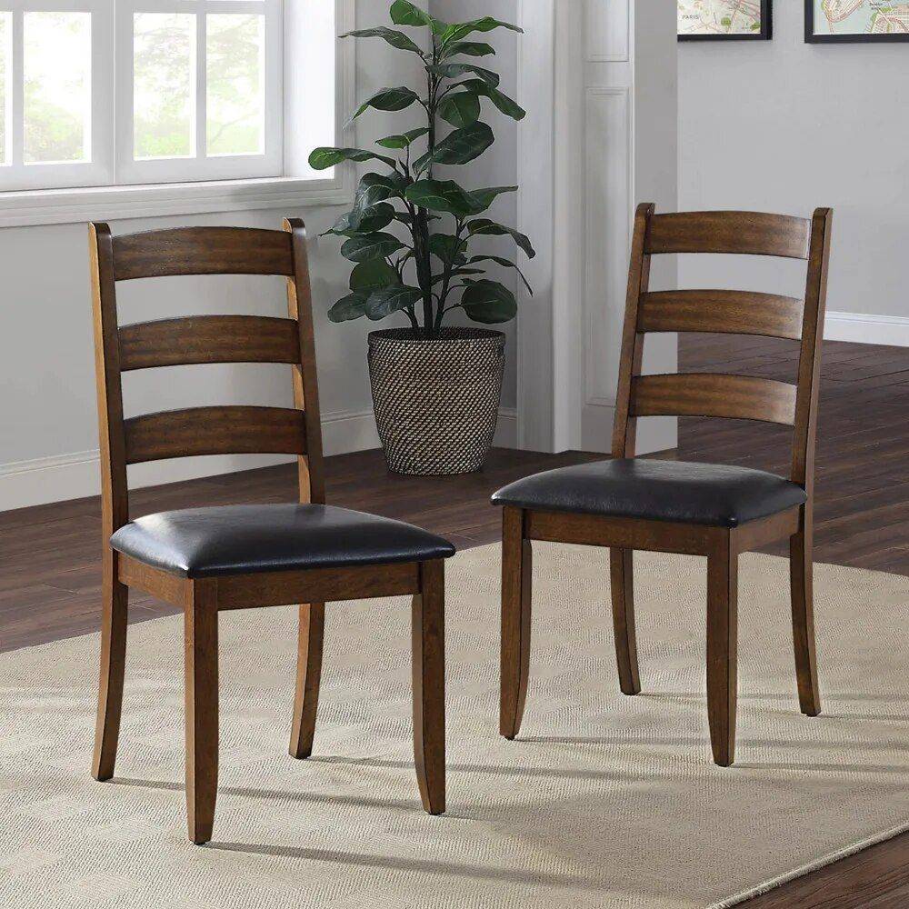 Modern Ladderback Dining Chairs Set of 2 - Aged Brown Ash with Faux Leather Seat  