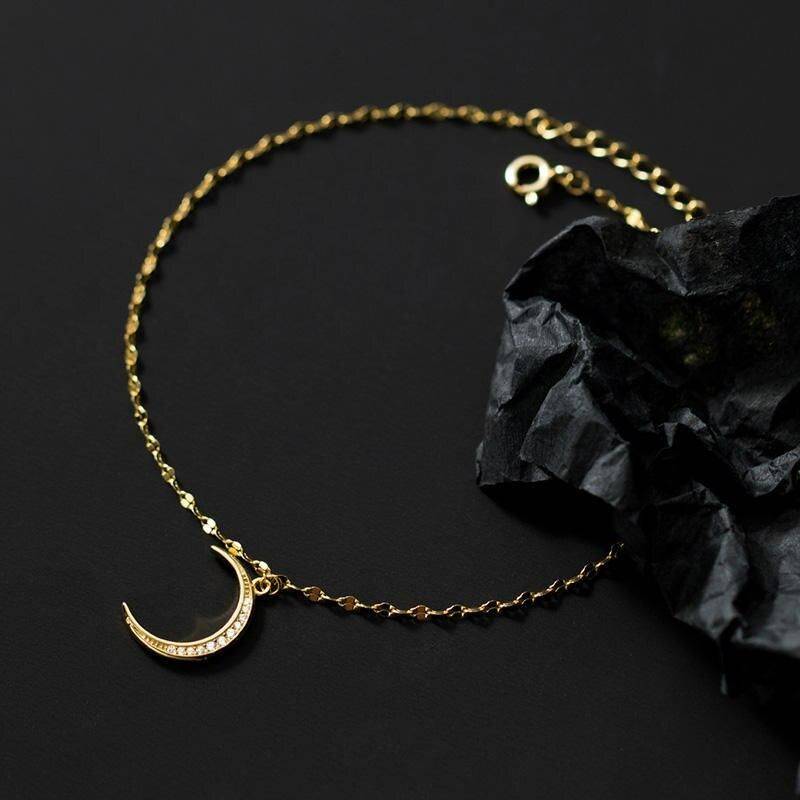 Elegant Sterling Silver Moon Anklet with Mini Zircon Color : Gold 