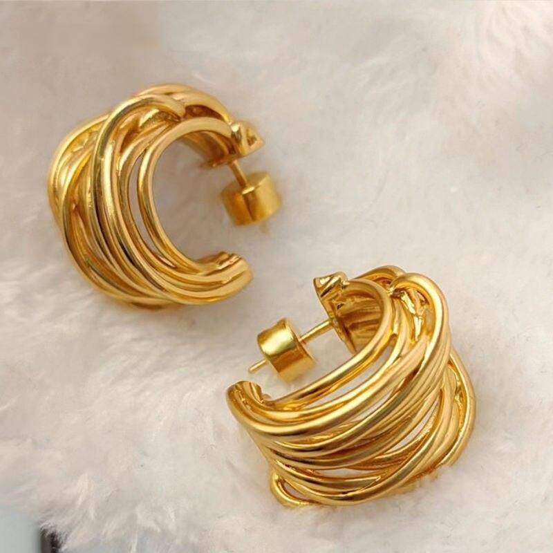 Trendy Geometric 925 Silver Needle Metallic Multi-Wire Hoop Earrings Metal Color: Gold  